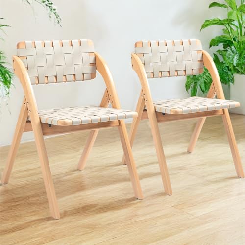 Folding Chairs Set of 2,Wooden Foldable Dining Chairs with Woven Leather Indoor Outdoor Portable Stackable Chairs for Dining Kitchen Office Wedding Picnic(Brown)