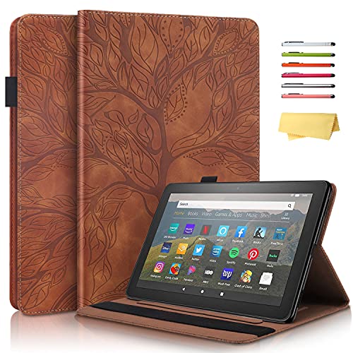 Case for Kindle Fire HD 8 & 8 Plus Tablet (10th Generation, 2020 Release) Folding Stand Embossed PU Leather Cover with Auto Wake/Sleep [Pencil Holder/Card Slots/Elastic Band], Green Flower