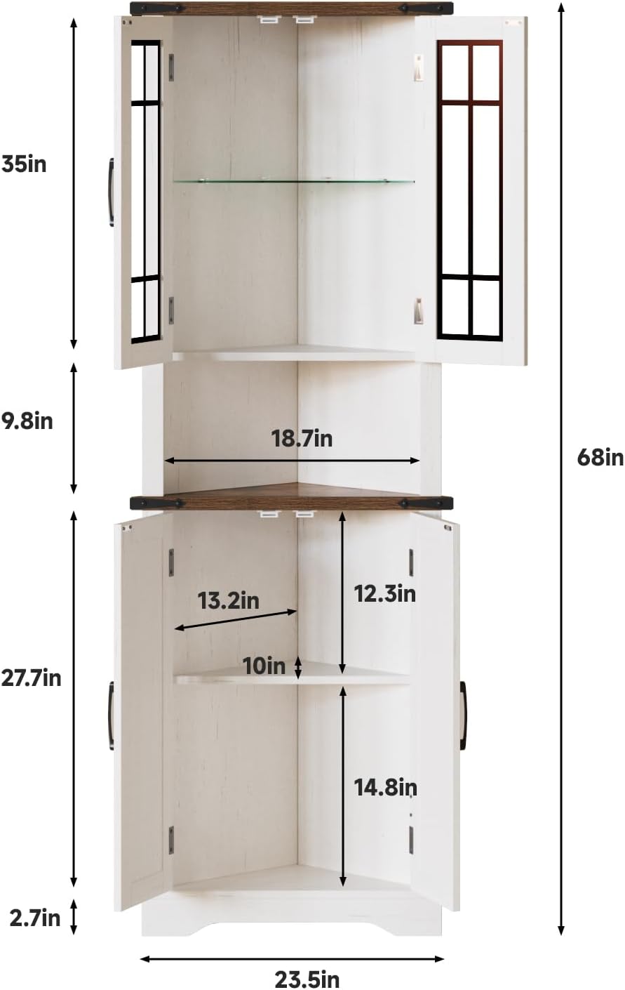 Corner Cabinet Farmhouse with LED Light, Corner Storage Cabinet with Doors for Living Room Kitchen, Bathroom Tall Corner Cabinet with Glass Doors, Antique White & Rustic Oak