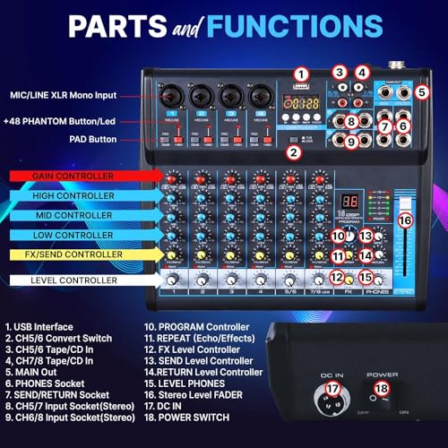 Pyle Professional Audio Mixer Sound Board Console Desk System- Interface 8 Channel Digital USB Bluetooth MP3 Computer Input 48V Phantom Power Stereo DJ Studio FX 16Bit DSP Processor, Black - PMXU83BT