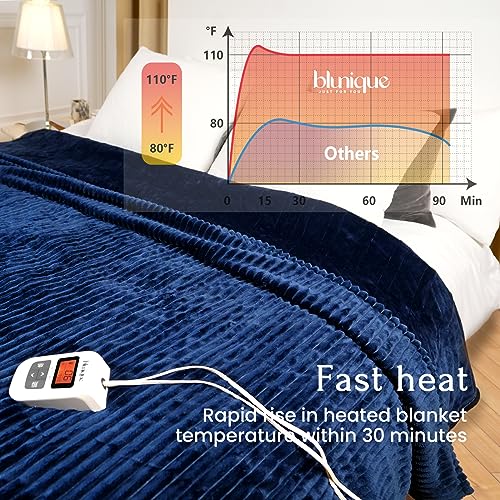 Heated Queen Blanket Striped Electric Blanket - Heating Blanket Queen with 6 Heat Levels & 10 Hours Auto-Off, Cozy Soft Fleece Blanket, Washable, Fast Heating, 84 x 90 Inches, Navy Blue