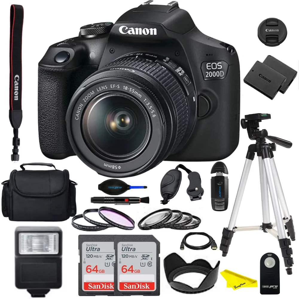 Canon EOS 2000D (Rebel T7) DSLR Camera with EF-S 18-55mm f/3.5-5.6 Lens - BuzzPhoto Deluxe Bundle - Includes: 2x SanDisk Ultra 64GB SDHC Memory & So Much More - Curated Treasures Market