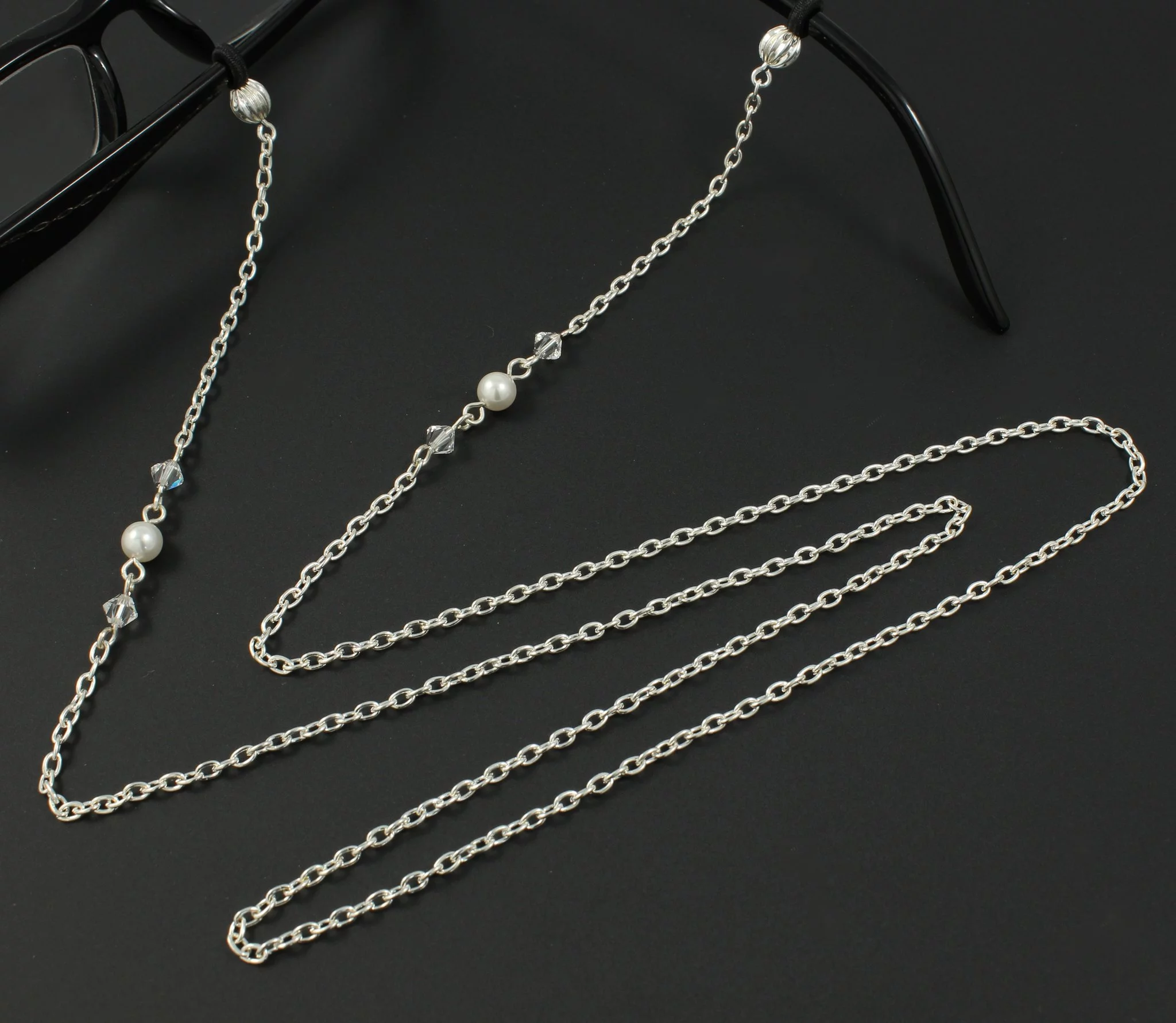 Womens Eye Glasses Chain with White Pearls and Swarovski Crystals on Silver Plated Chain Fits Most Glasses