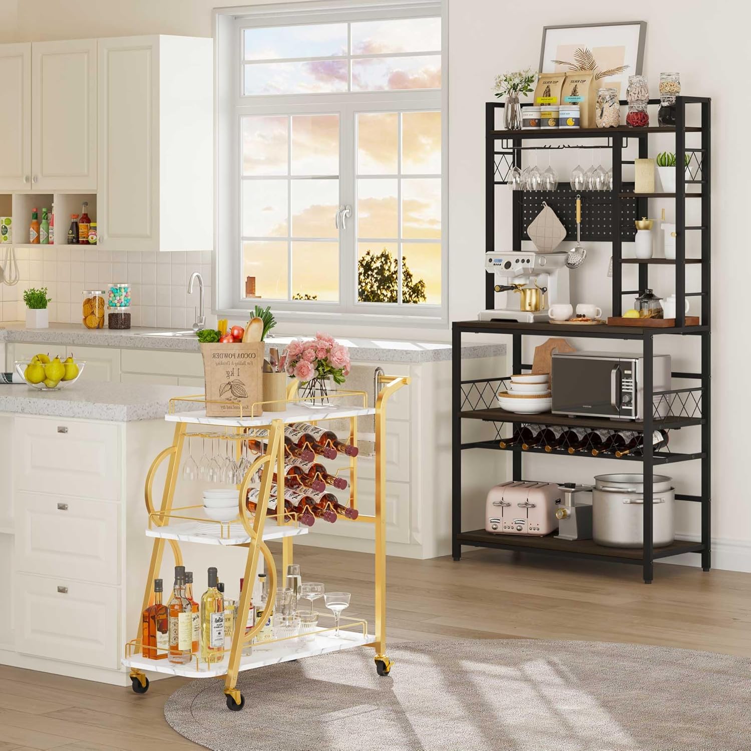 Industrial 3 Tier Mobile Gold Bar Cart with Wine Rack Freestanding Floor with Glass Holders and Hooks, Coffee Bar Cabinet with Storage with Wood and Metal Beverage Cart (Gold & Walnut Brown)