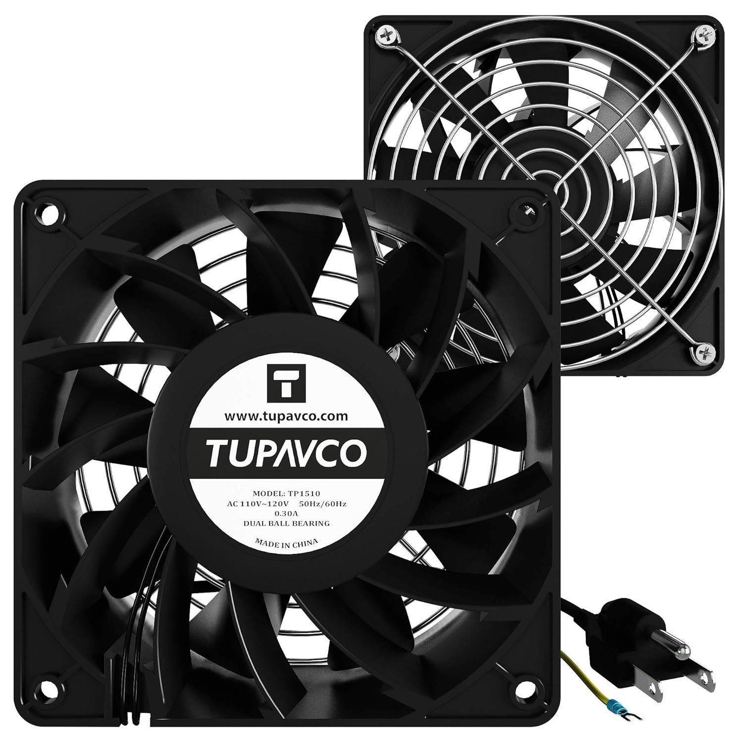 Network Cabinet Fan (Dual 2pc Kit) Server Rack Cooling (Rackmount Muffin Fans Pair 120mm 4in) 110V Cable (Extra Strong) Dual Ball for Side or Top Mount (Computer Equipment Ventilation) Tupavco TP1510