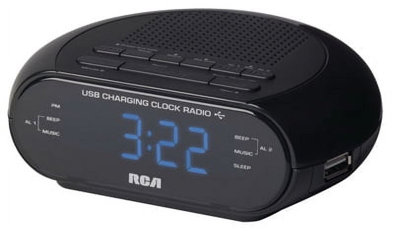 RCA Black Dual USB Portable Clock Radio Supports Smartphones E-Readers, Each