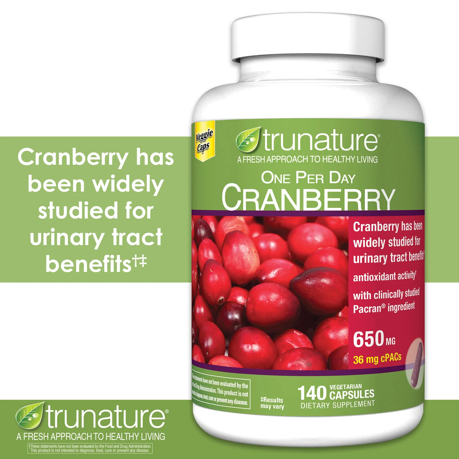 2 Packs Trunature Pacran Cranberry 650 Mg., 140 Vegetarian Capsules