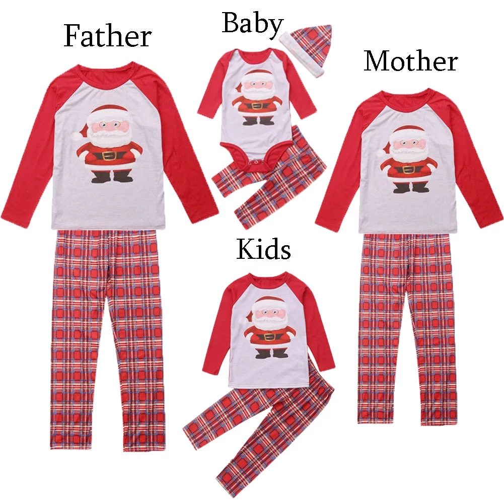 2020 Christmas Family Matching Cute Pajamas Adult Women Kids Baby Sleepwear Set Santa Claus Plaid Casual Sleepwears