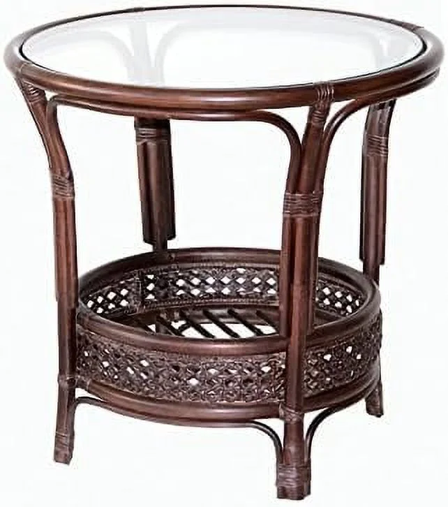 TJUNBOLIFE Pelangi Round Coffee Table Natural Rattan Wicker with Glass Top Handmade  Dark Brown