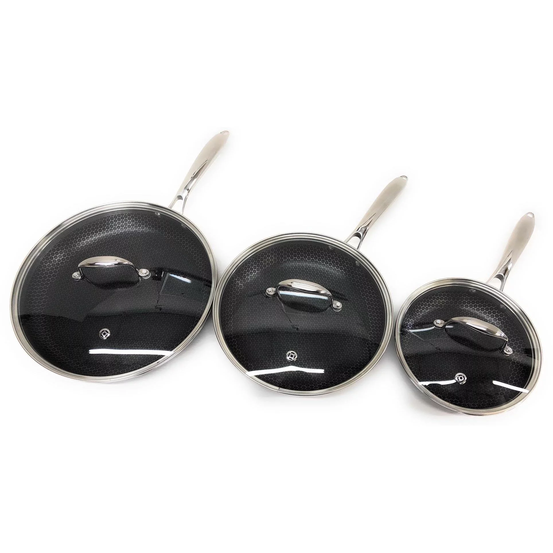 Hexclad Commercial 7 Piece Cookware Pan Set, Hybrid, Nonstick Tri-Ply, Stainless Steel