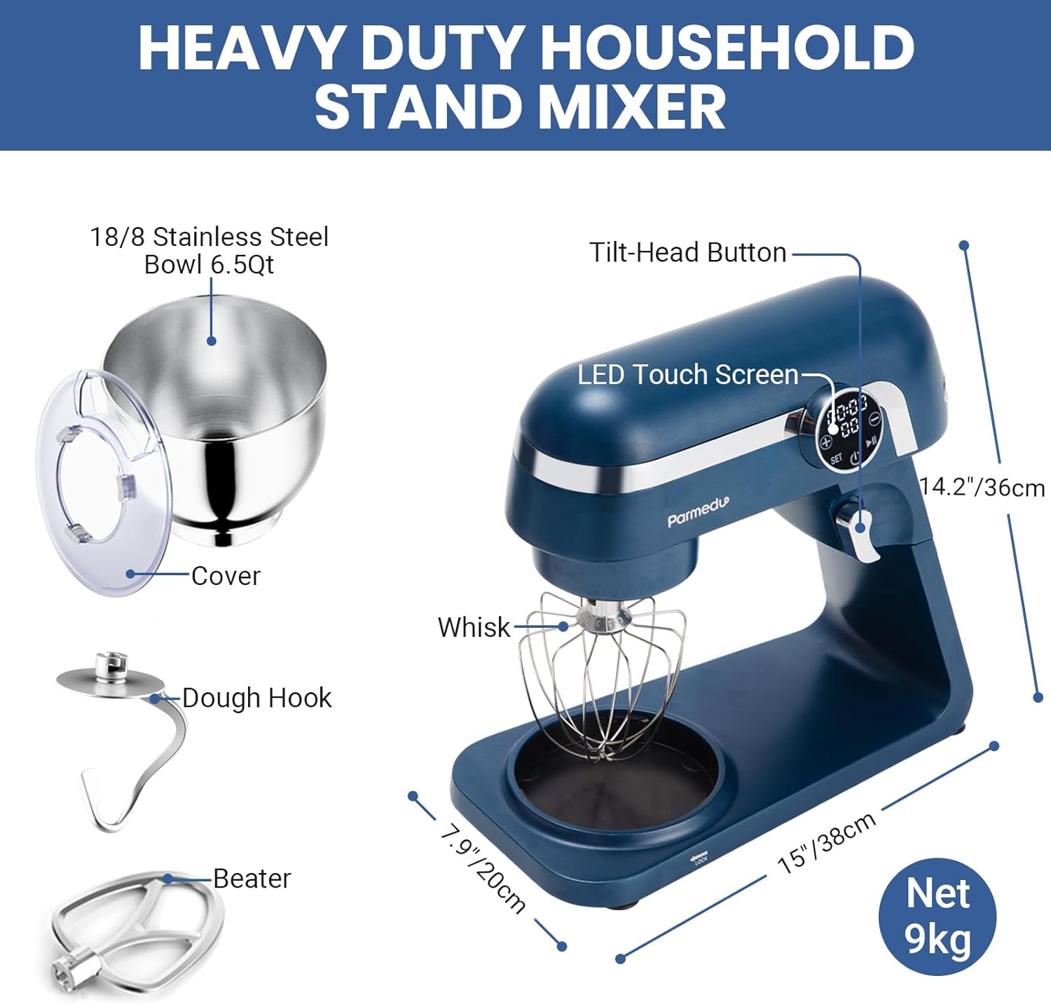 Stand Mixer: 6.5 Quart All Metal Mixer with LED Touch Display -600W 10-Speed Tilt-Head Mixer with Stainless Steel Bowl with Cover, Dough Hook, Beater, Egg Whisk