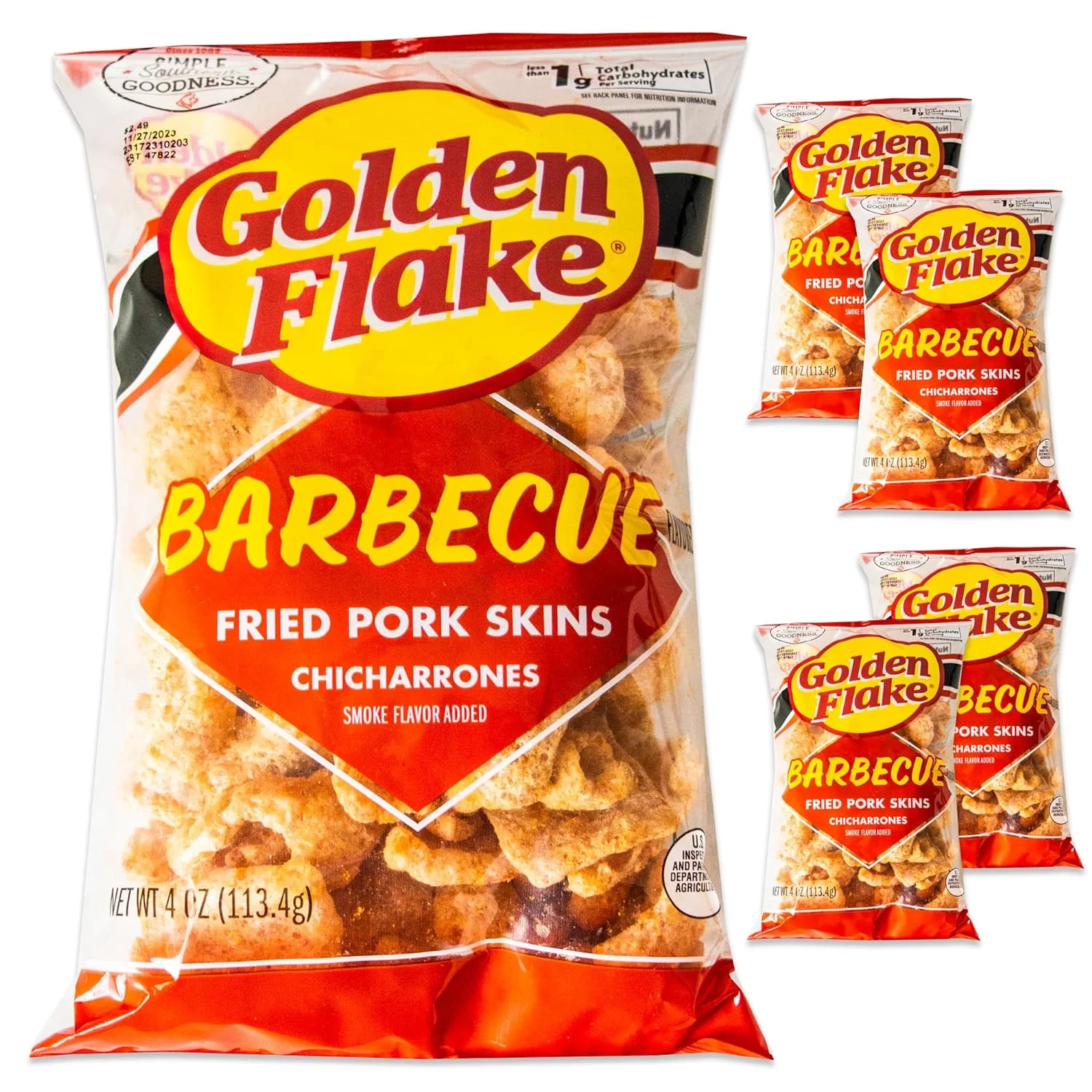 Golden Flake Utz BBQ Pork Rinds - Chicharrones - Crispy Fried Pork Skins - 4, 4Oz Bags