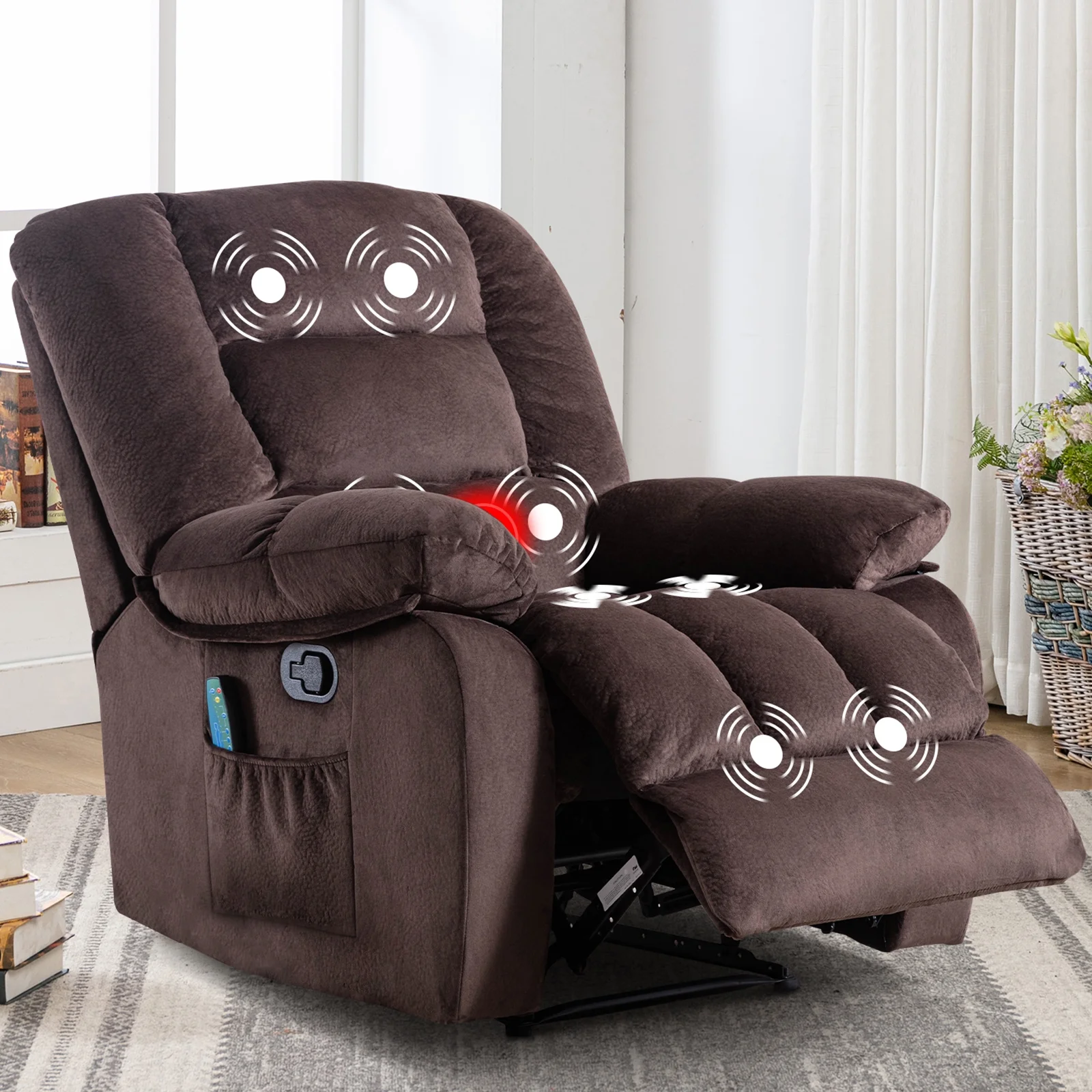 Bonzy Home Recliner Chairs with Massage and Heat Overstuffed Fabric Metal frame Manual Pull Reclining for Living Room, Brwon