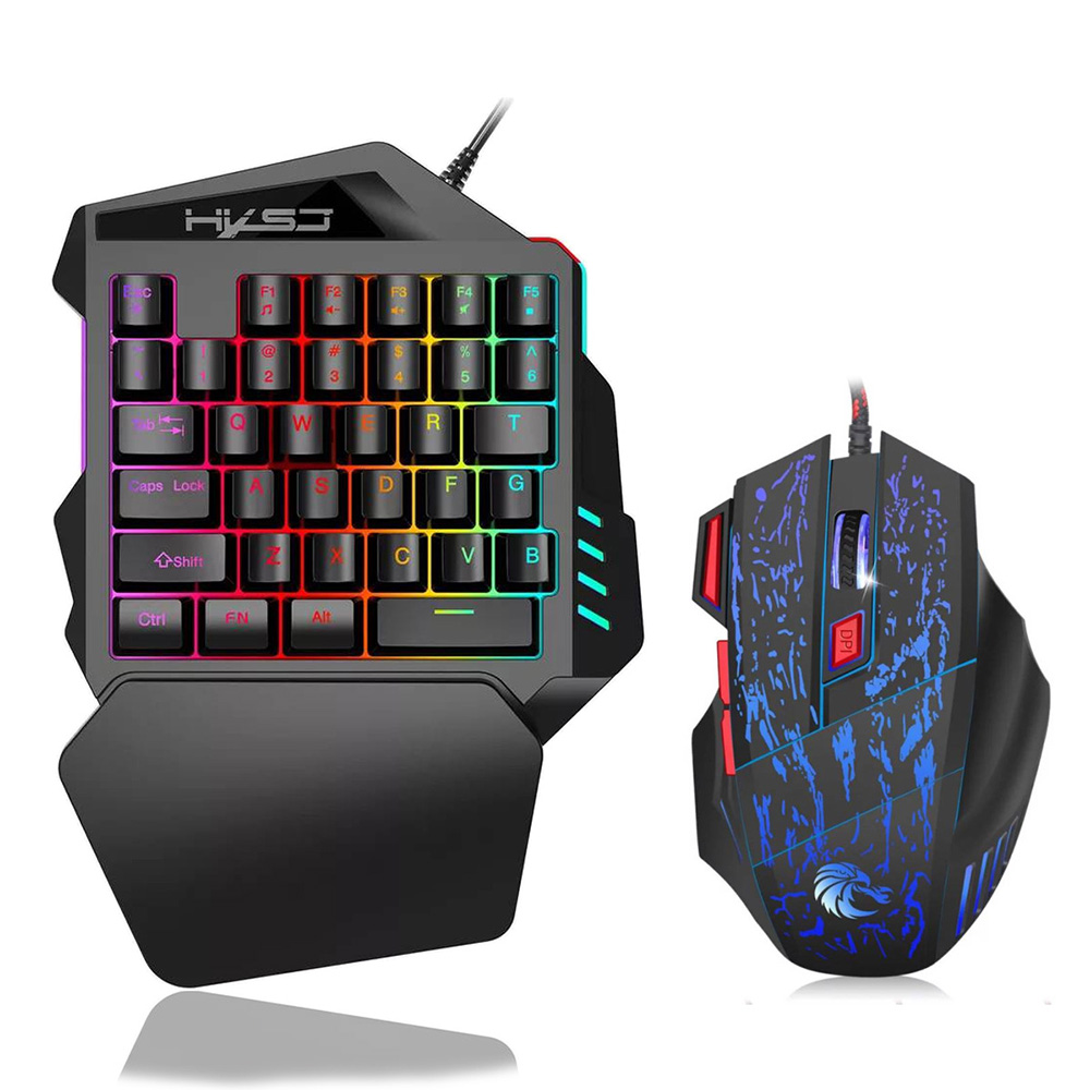 HXSJ J50 One Handed Gaming Keyboard 35 Keys LED Backlight Wired Gaming Mouse with Breathing Light 5500 DPI 7 Button Keyboard and