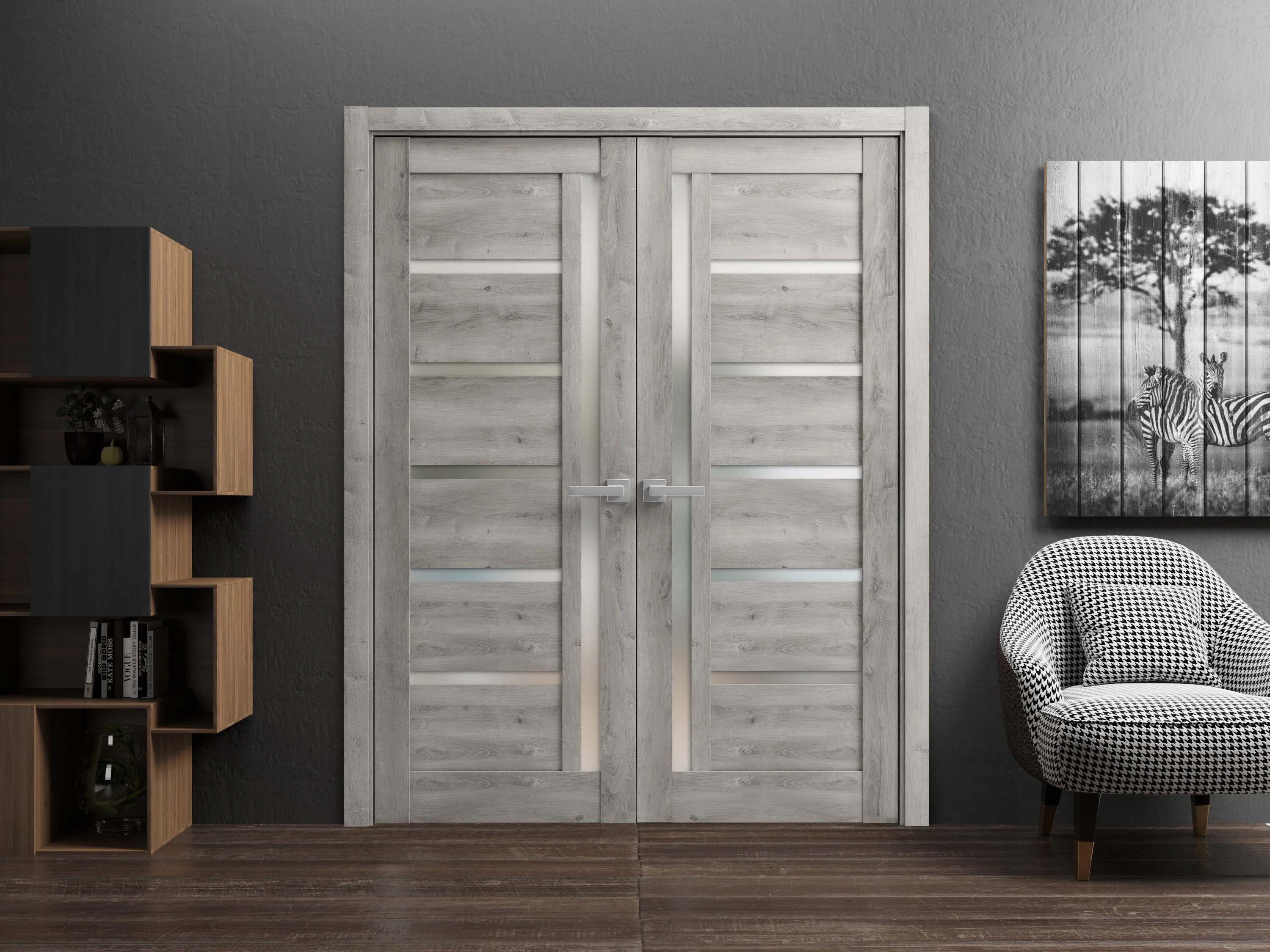Solid French Double Doors 56 x 84 inches | Quadro 4088 Nebraska Grey with Frosted Glass | Wood Solid Panel Frame Trims | Closet Bedroom Sturdy Doors