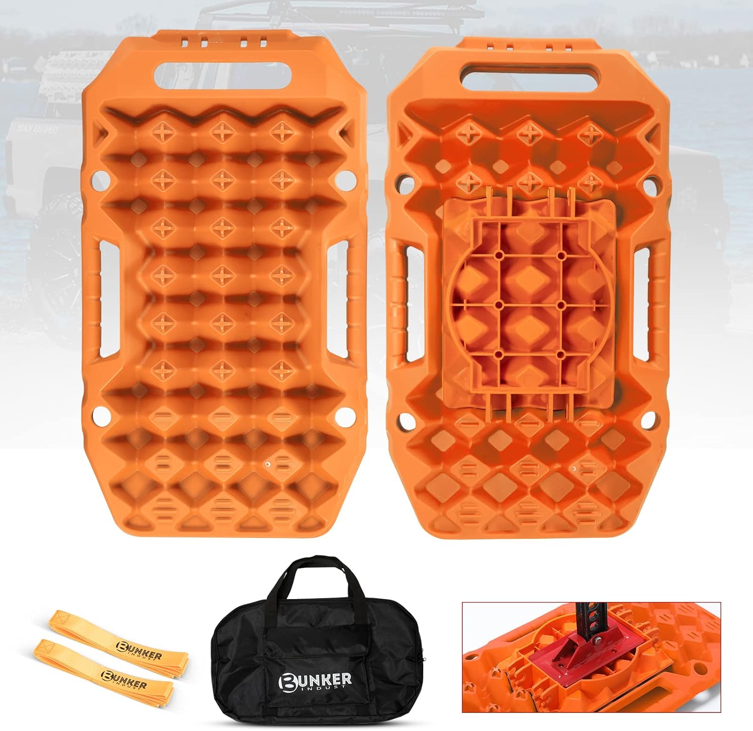 BUNKER INDUST Off-Road Traction Boards with Jack Lift Base,2 Pcs Multifunctional Recovery Tracks Traction Mat for 4X4 Mud, Sand, Snow -Orange Emergency Tire Traction Ladder Tool with Carry Bag