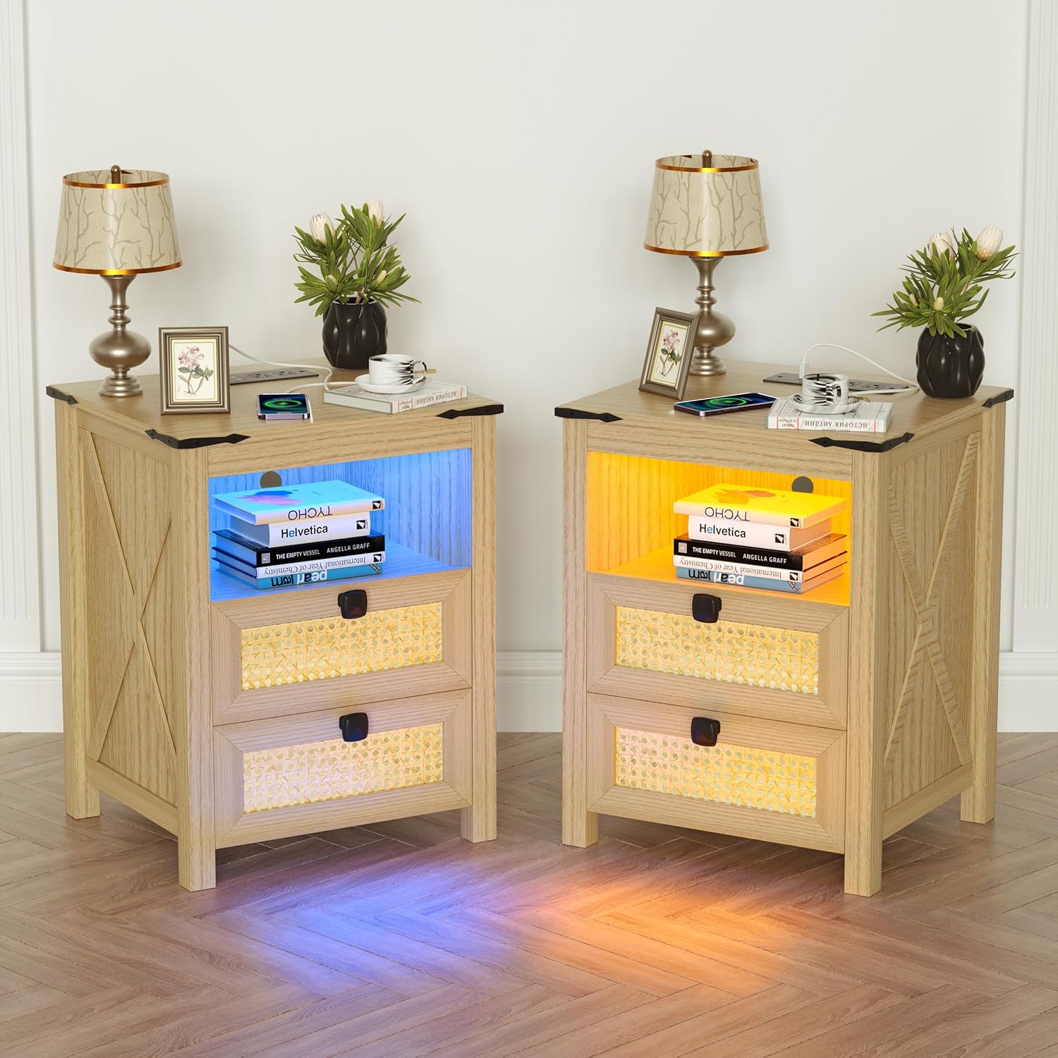 Modern Nightstand Set of 2, Nightstand with Charging Station, LED Night Stand with Rattan Drawers, Side End Table with Human Sensor Light, Bedside Table for Bedroom, Natural Wood (2PCS)