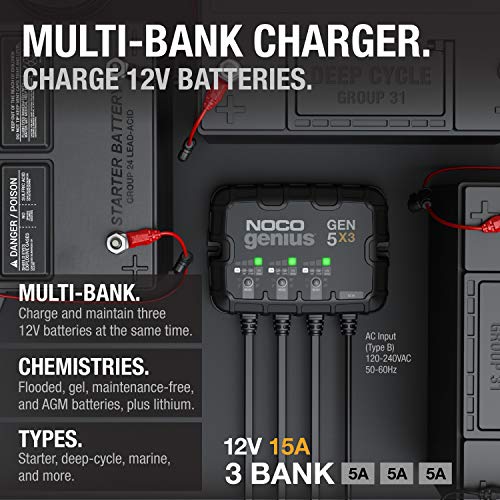 NOCO Genius GEN5X3: 3-Bank, 15A Onboard Battery Charger - 5A Per Bank, 12V Waterproof Marine Charger with Overcharge Protection & Temperature Compensation – for Lead-Acid & Lithium Batteries