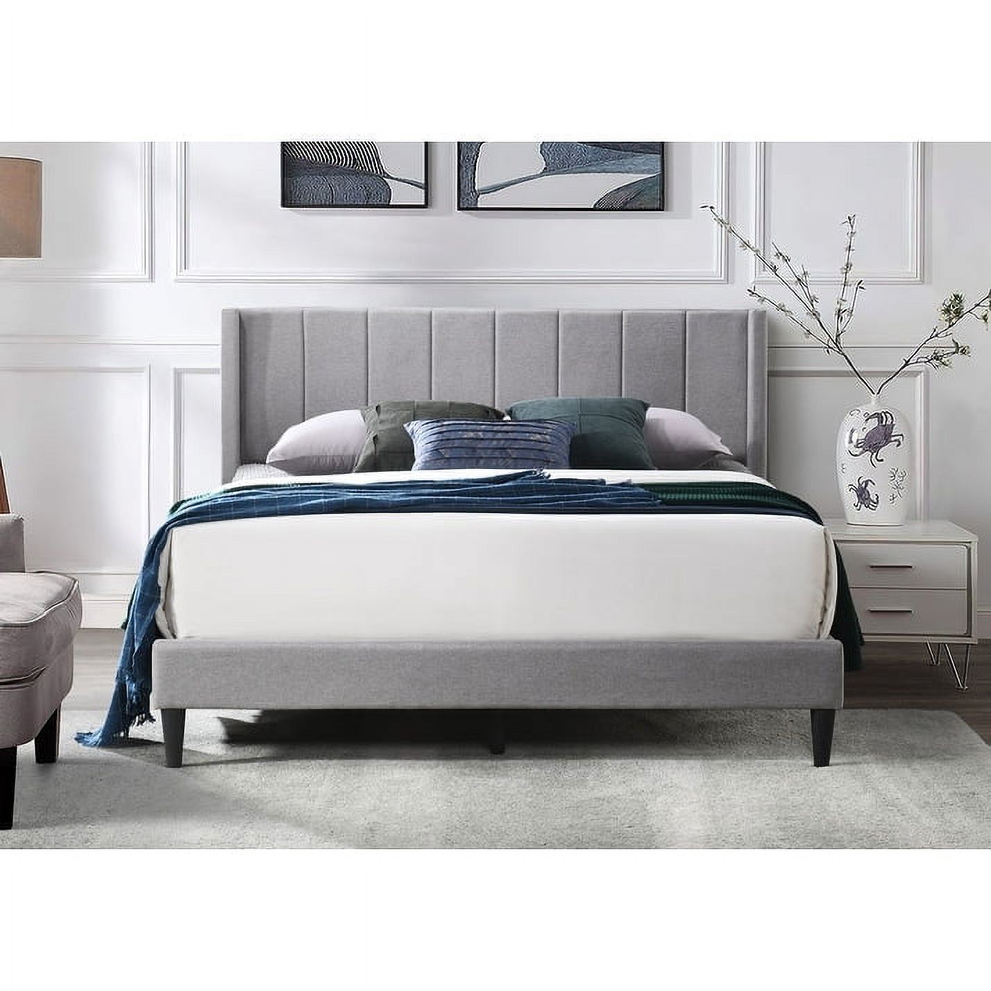 Isabella Vertical Tufted Channel Wingback Platform Bed GreyLinen - King