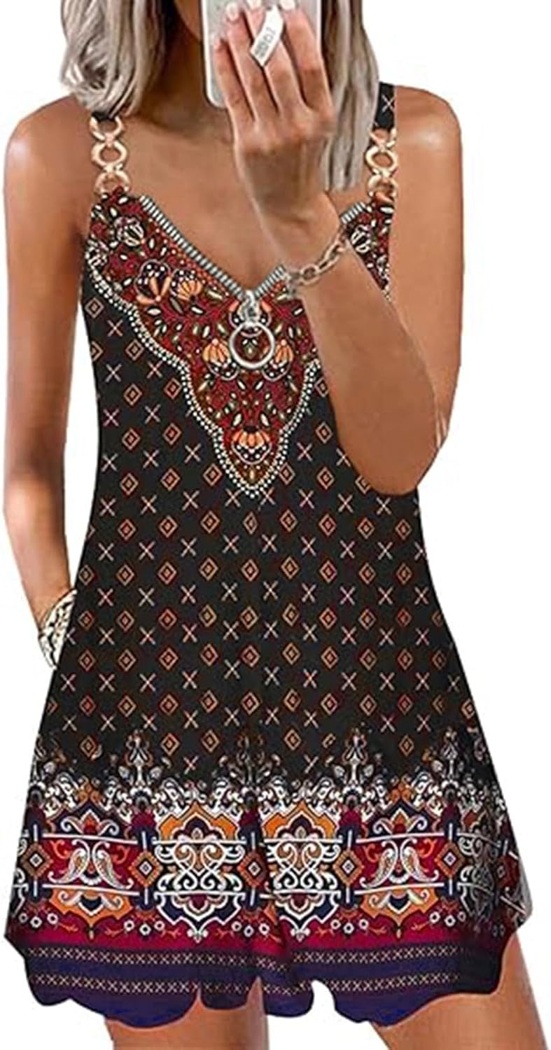 Women Dresses Boho Floral Print Beach Dress V Neck Sleeveless Spaghetti Strap Sundresses with Pockets