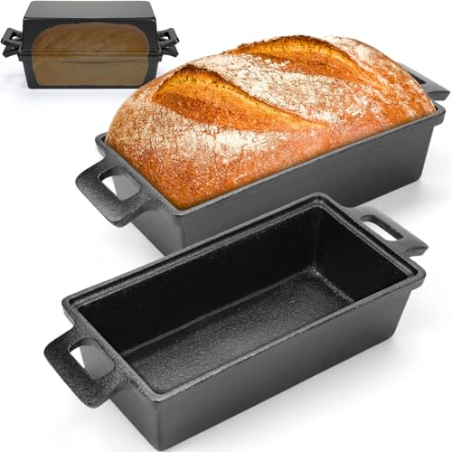 2 Piece 10 x 5 Inches Cast Iron Bread Pan with Lid 2 in 1 Loaf Pans Set Bakeware Sourdough Pots for Baking Bread Homemade Meatloaf(Black Cast Iron)