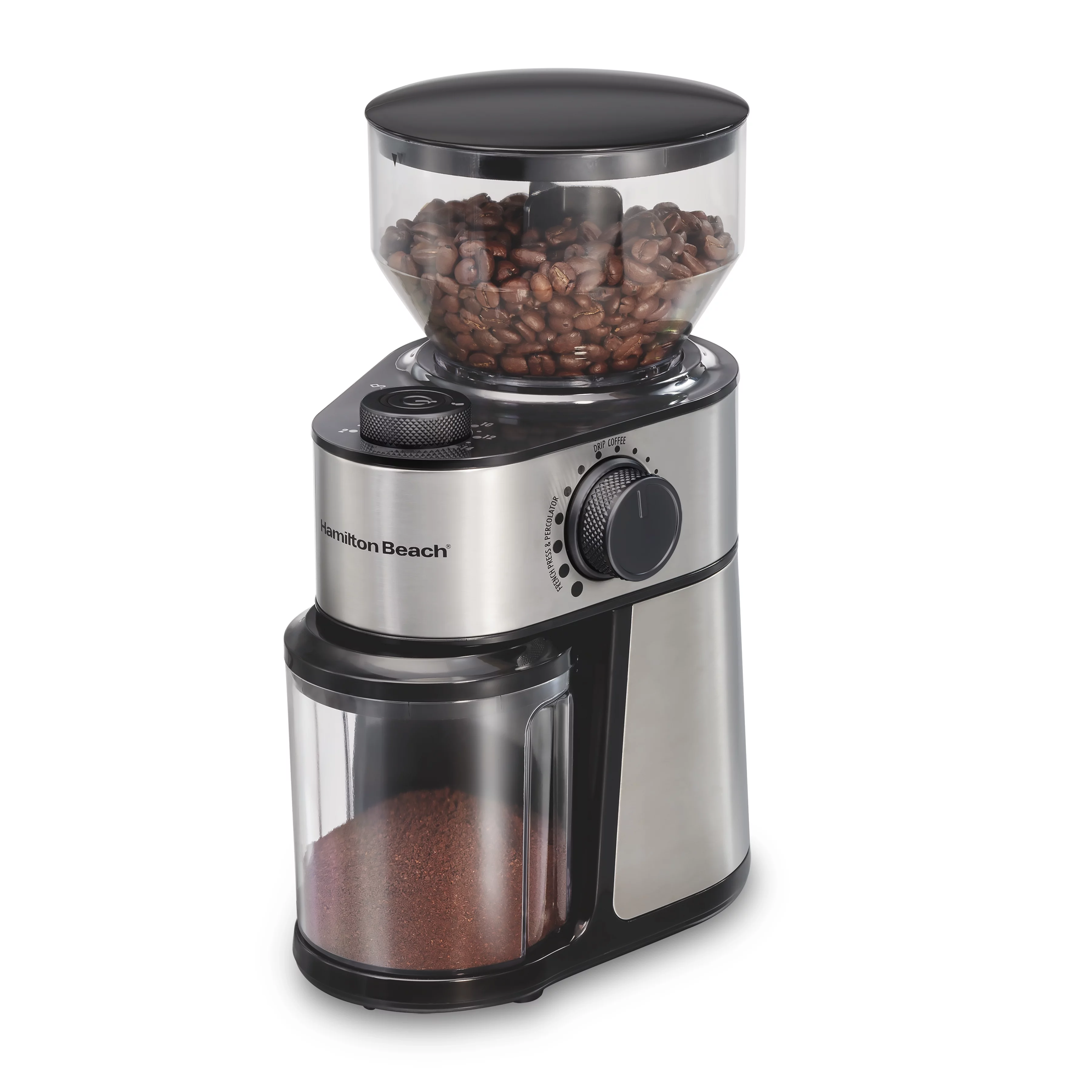 Hamilton Beach Burr Coffee Grinder, 18 Grind Settings, Grinds Enough to Brew 2-14 Cups of Coffee, Durable Stainless Steel Housing, 80385