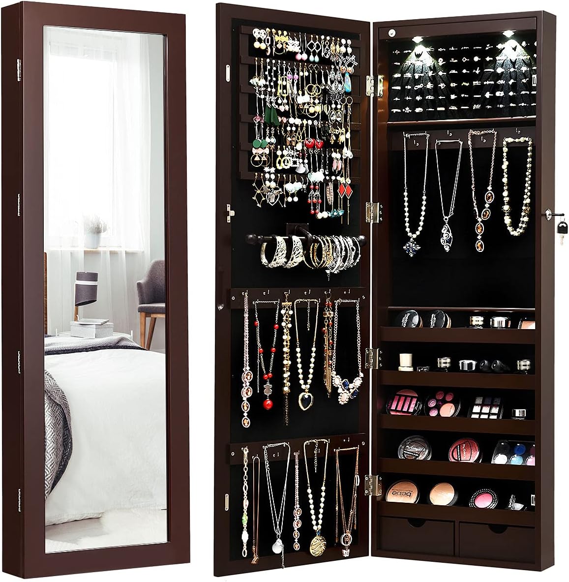 Giantex Jewelry Armoire Wall Door Mounted, Lockable Jewelry Cabinet with 42.5'' Full Length Mirror, 2 LEDs Jewelry Organizer Box with 2 Drawers, Mirror with Jewelry Storage (Espresso)