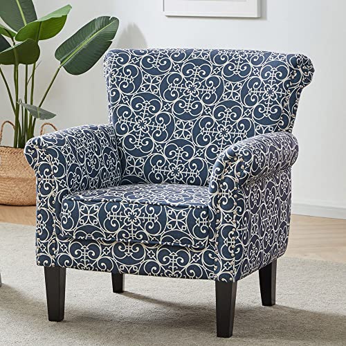BELLEZE Upholstered Wingback Accent Chair, Fabric Armchair Club Chair, Nailhead Trim High Back Patterned Corner Chair for Living Room Bedroom - Rosette (Navy Blue/White)