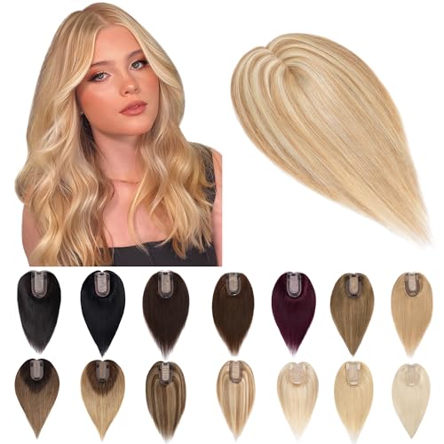 SEGO Human Hair Toppers for Women With Thinning Hair 7 * 13CM Silk Base 100% Real Human Hair Clip in Top Wiglet Hair Pieces -8 Inch No Bangs Medium Brown&Dark Blonde