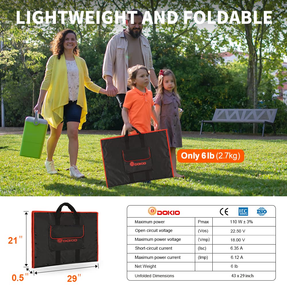 DOKIO 110w 18v Portable Foldable Solar Panel Kit (21x28inch, 5.9lb) Solar Charger With Controller 2 Usb Output To Charge 12v Batteries/Power Station (AGM, Lifepo4) Rv Camping Trailer Emergency Power