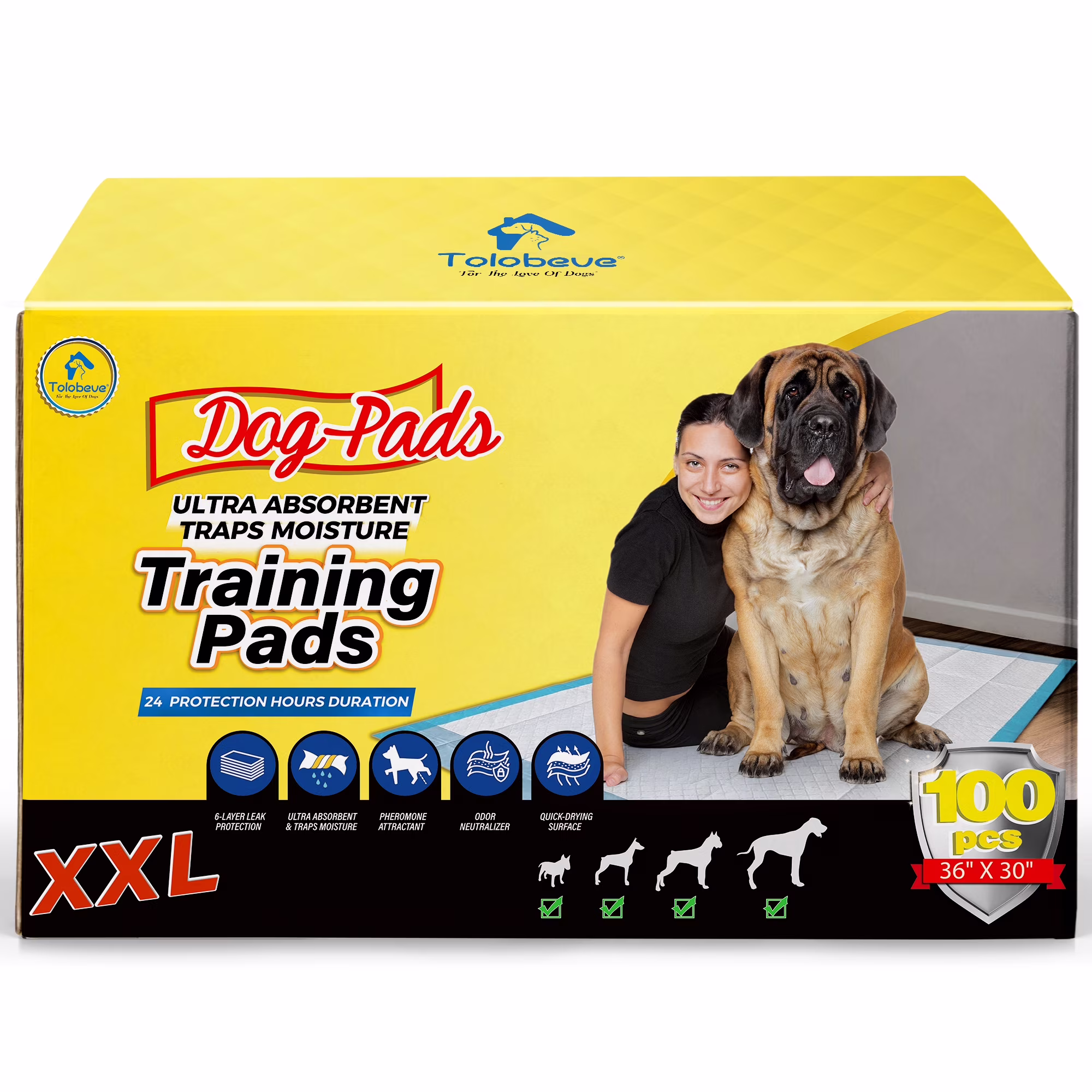 Tolobeve XXL Absorbent Dog Training Pads, 30x36 inch, 100 Count, Suitable for Puppy and Senior Dogs