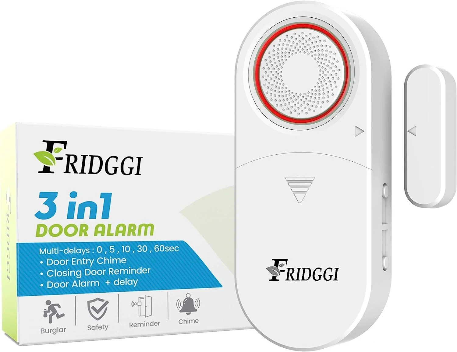 FRIDGGI - 3in1 Alarm - Door Ajar, Chime with Delay, 0/5/10/30/60 Seconds, 2/5 Minutes, Close Door Reminder, 80 to 120 dB, Time Delay Alarm for Freezer, Home, Shop (White)