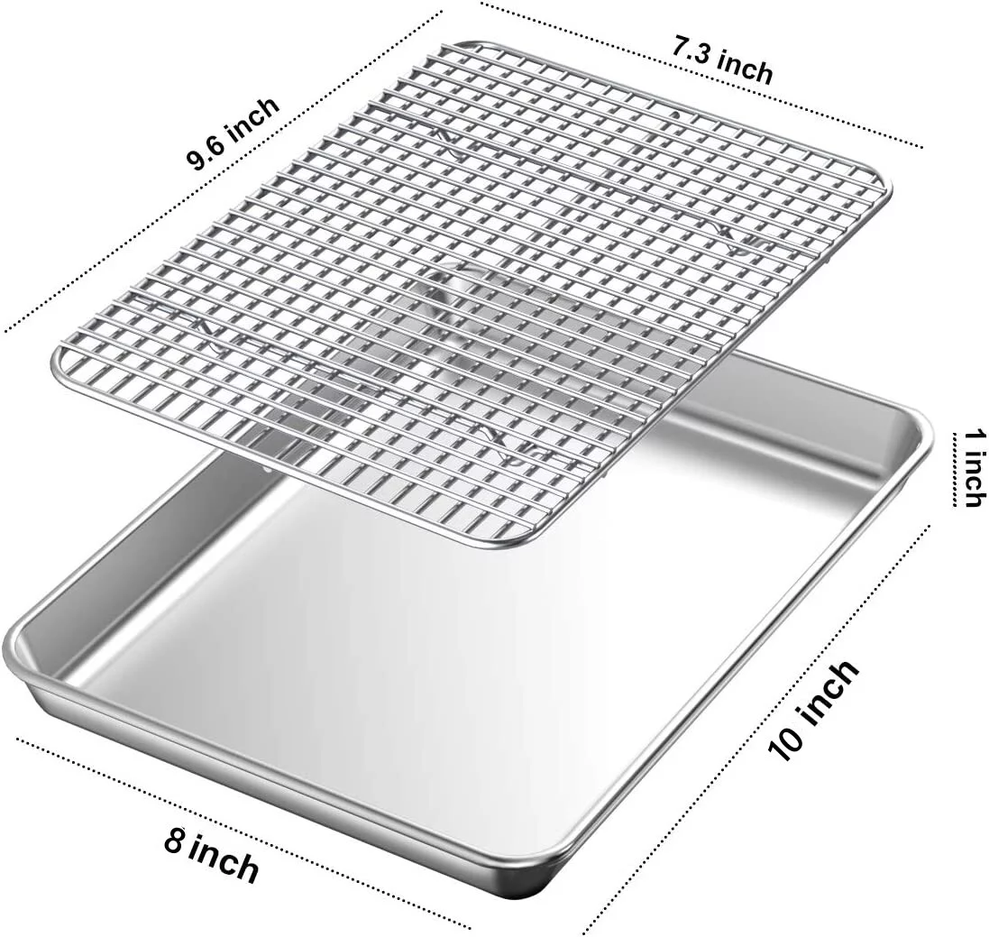 Baking Sheet with Rack (1 Sheet + 1 Rack), RUseeN Stainless Steel Cookie Sheet for Baking with Cooling Rack, Baking Pan Toast Oven Tray Size 10x 8 x 1 Inch, Non-toxic & Heavy Duty & Non-stick
