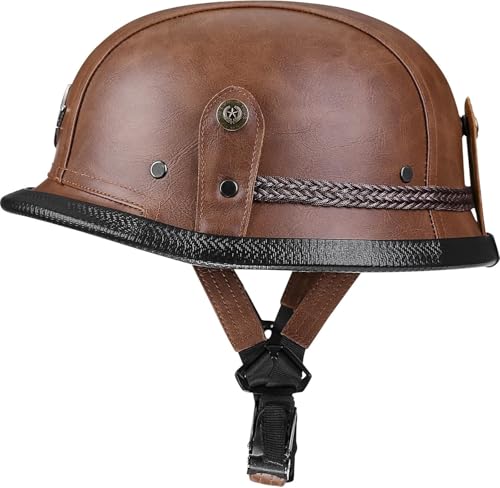 German Style Motorcycle Helmet, DOT Approved Retro Leather Motorcycle Half Helmet Skull Cap for Adult Men Women, Vintage Open Face Half Shell Helmet for Cruiser Scooter Chopper