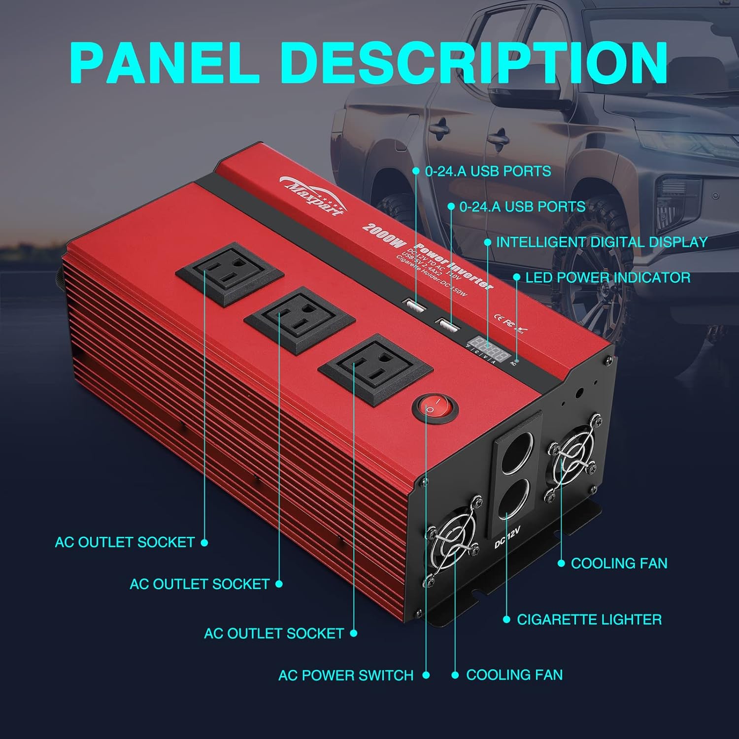 Maxpart 2000W Power Inverter 12v DC to 110v AC Converter with 3 AC Outlets, 2000 Watts Car Power Inverters for Vehicles with USB Charging Port (0-2.4A), Inverter for Car Cigarette Lighter,2022 New