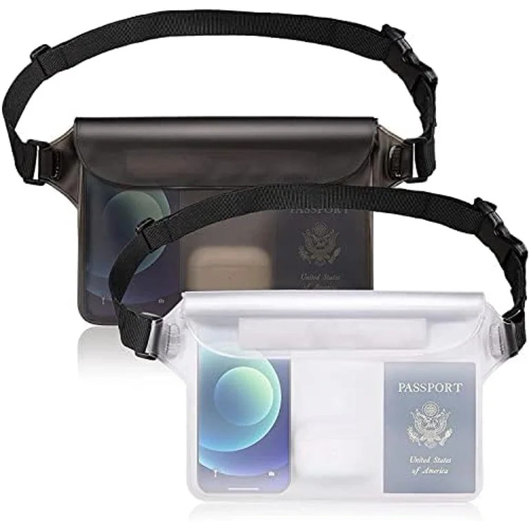 Waterproof Pouch with Waist Strap Beach Accessories Best Way to Keep Your Phone and Valuables Safe and Dry Perfect for Boating Swimming Snorkeling Kayaking Beach Pool Water Park 2Pack Black+White