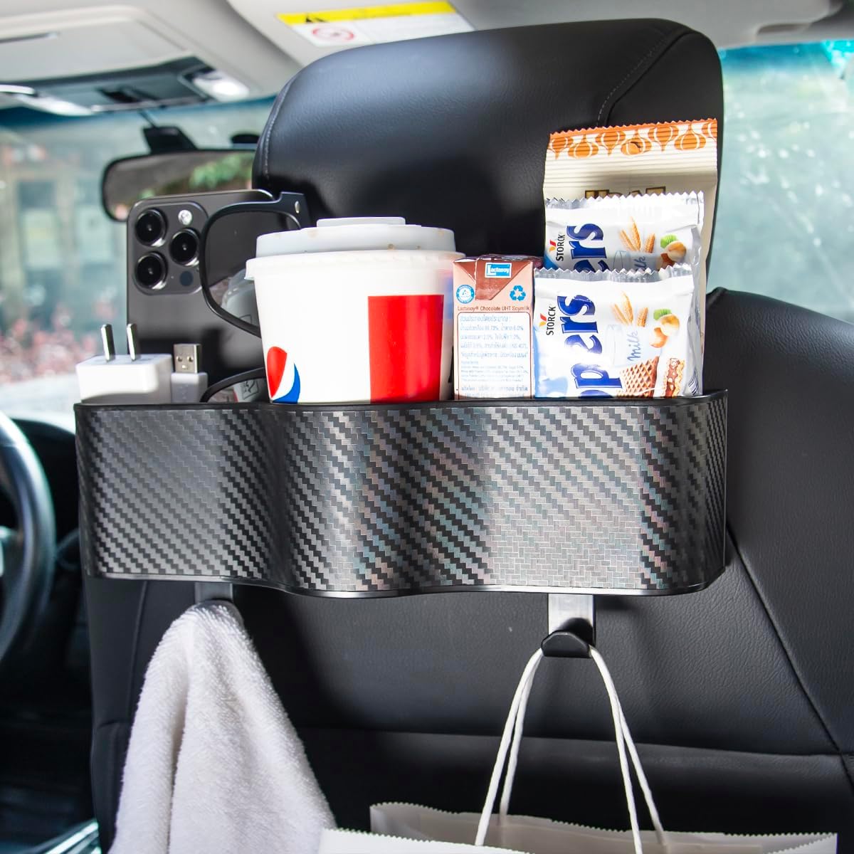 Car Backseat Organizer with Cup Holder - Seat Back Organizer with Headrest Hooks Multi-function Storage with Drink Bottle Holder for Car SUV