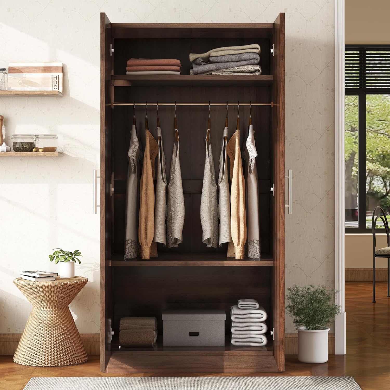 Wooden Armoire, Wardrobe Closet Cabinet with Hanging Rod and Storage Shelves, Freestanding Wardrobe Closet with Doors for Bedroom, Dressing Room, Laundry Room, Brown