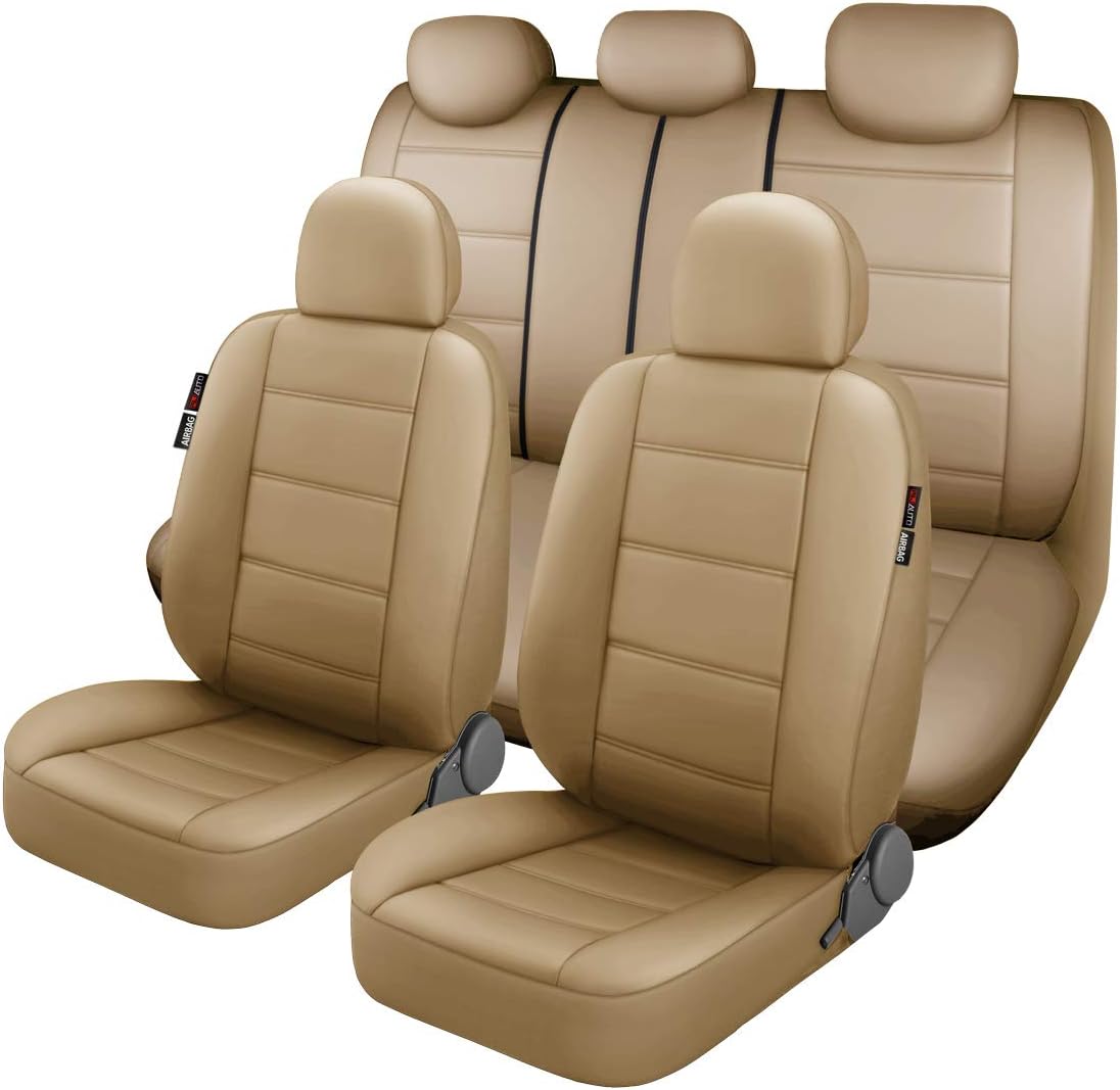 P&J AUTO Premium PU Leather Car Seat Cover Full Set in 11pcs Universal Fit for Most Cars Airbag Compatible Black