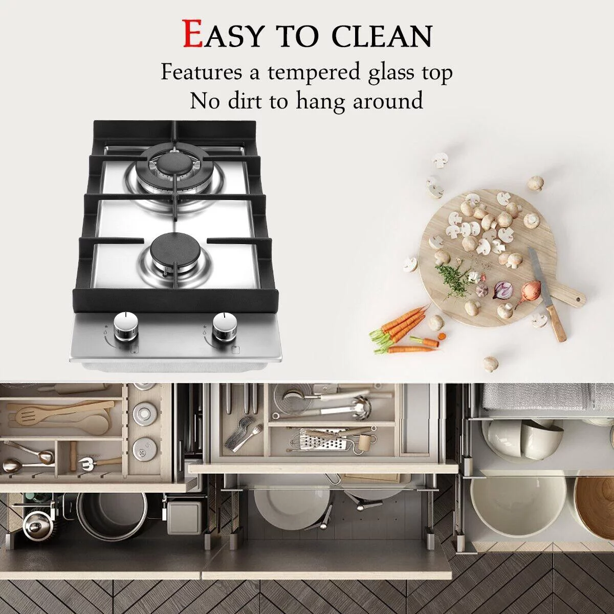 2-Burners 12inch Gas Cooktop Stainless Steel NG/LPG Convertible Built-in Burner Cooktop