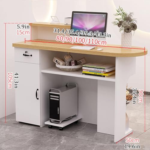 Reception Desk, Standing Front Desk Reception, Reception Counter Desk with LED Lights and Lockable Drawers, Retail Counter Table for Shops and Businesses(White R,51.1
