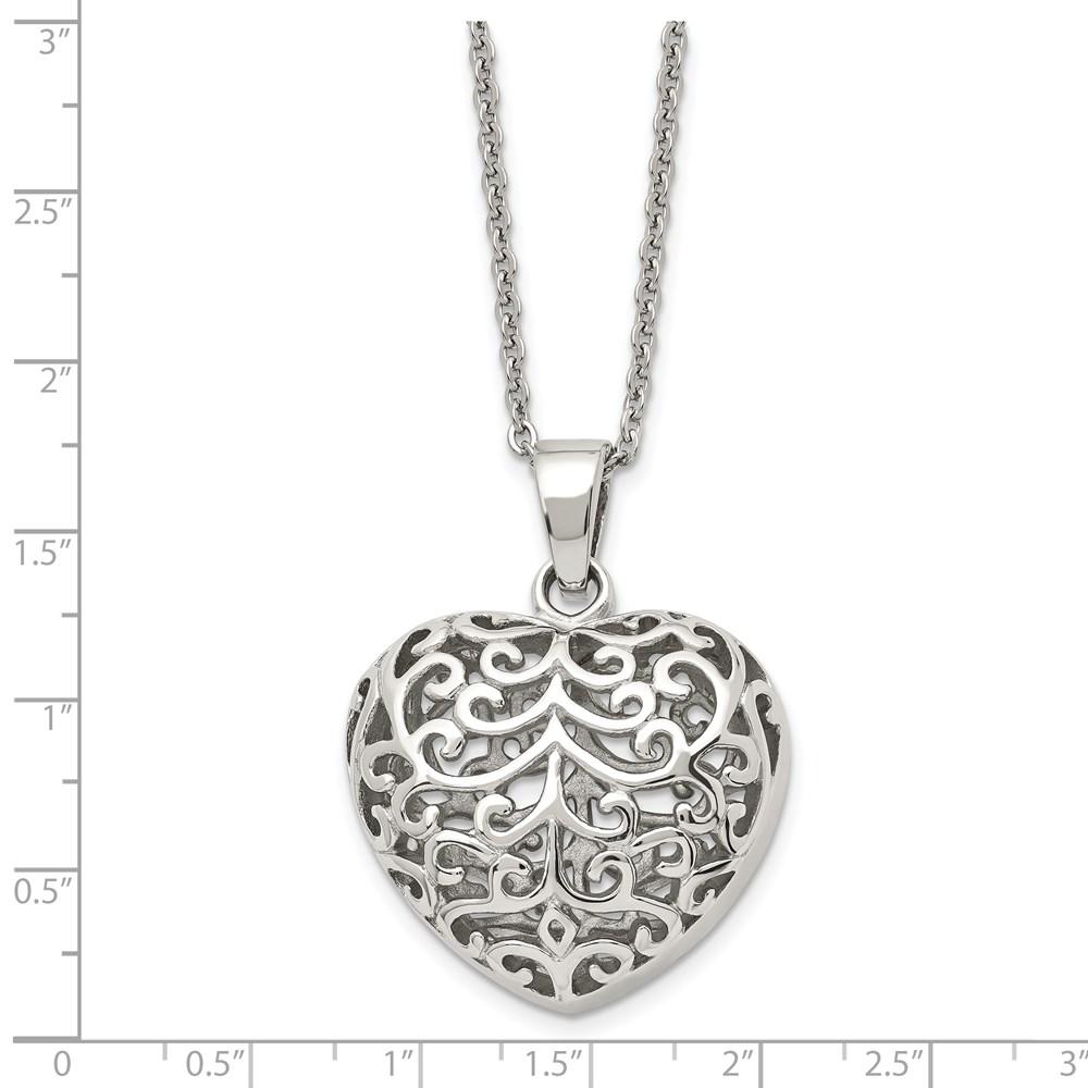 Stainless Steel Polished Filigree Puffed Heart 22in Necklace