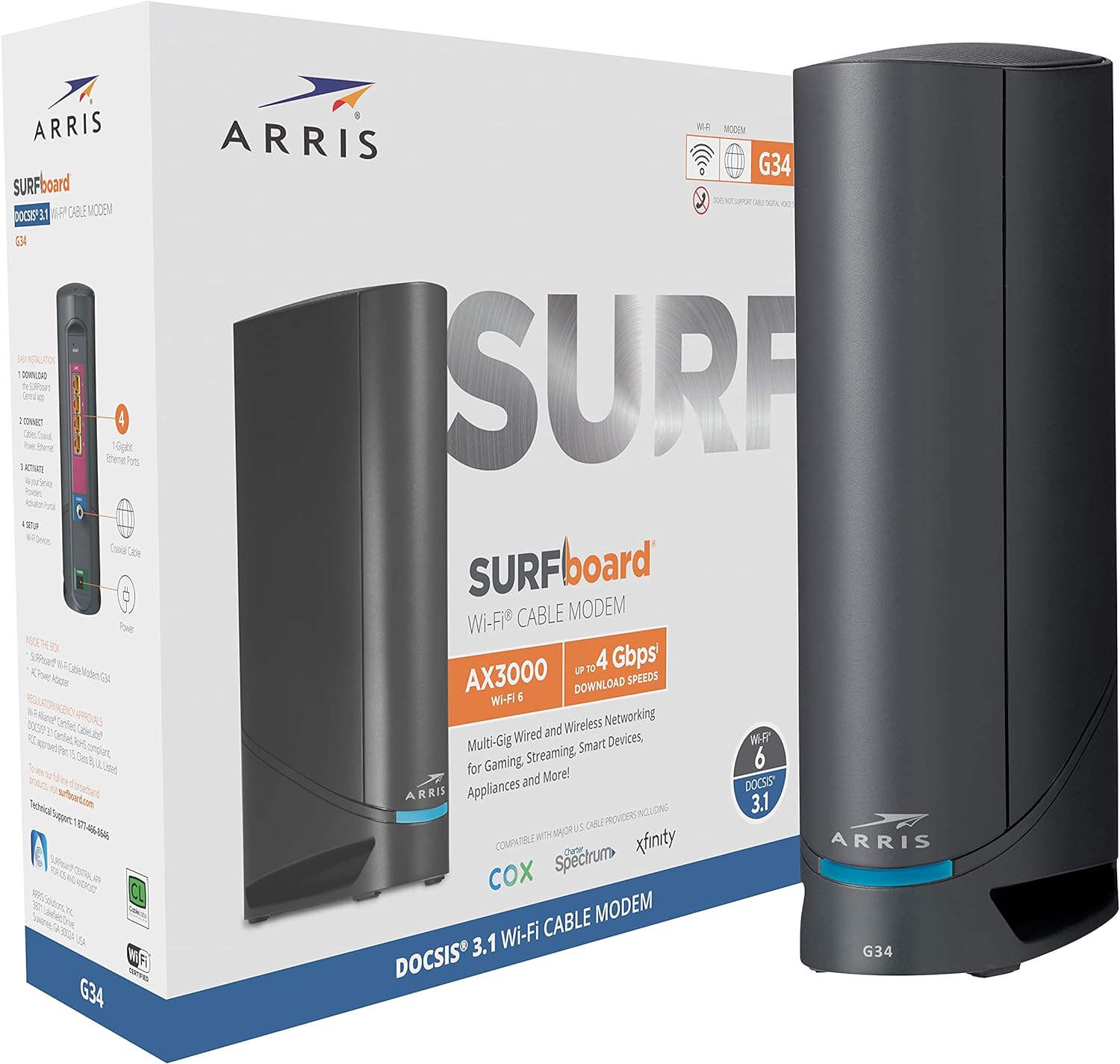 ARRIS Surfboard G34 DOCSIS 3.1 Gigabit Cable Modem & AX3000 Wi-Fi 6 Router, Approved for Cox, Spectrum, Xfinity & Others