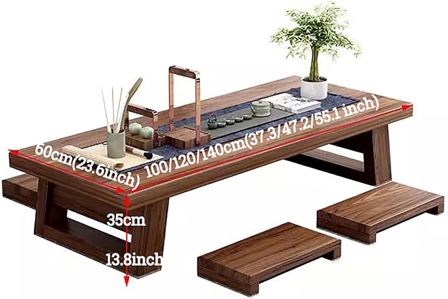 Japanese-Style Low Table, Solid Wood Tea Floor Table, Low Table for Floor Sitting Dining, Wooden Coffee Table Chabudai Furniture for Living Room, Reception Rooms, Tatami(Size:100cm