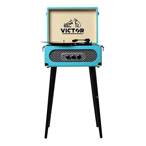 VICTOR Andover 5-in-1 Turntable Music Center with 3-Speed Record Player, FM Radio, Dual Bluetooth in & Out, Built-in Stereo Speakers, and Chair Height Legs, Turquoise