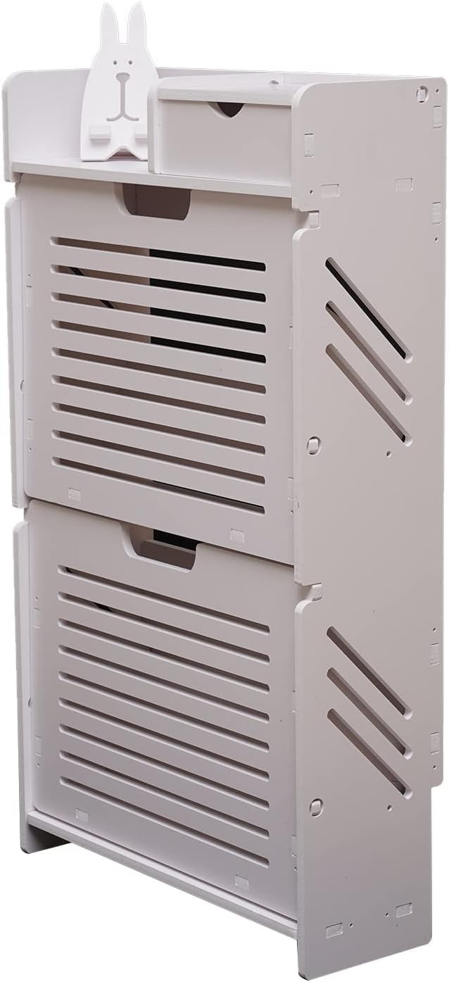 Shoe Storage Cabinet - 2 Flip Drawers Free Standing Shoe Rack 31.69in Tall White Wood Look Slim Shoe Organizer Cabinet Freestanding 8 Pair Shoe Rack Organizer for Entryway Hallway Bedroom