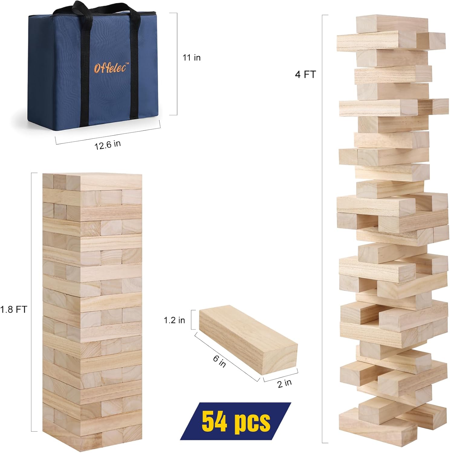 Large Tumble Tower Game, Giant Wooden Blocks Lawn Yard Games 1.8 FT Tall Grows to 3.6 FT with Carry Case Outdoor Timber Stacking Game Night Toy Gift for Kids Adults Family 6'x2'x1.2'x54pcs