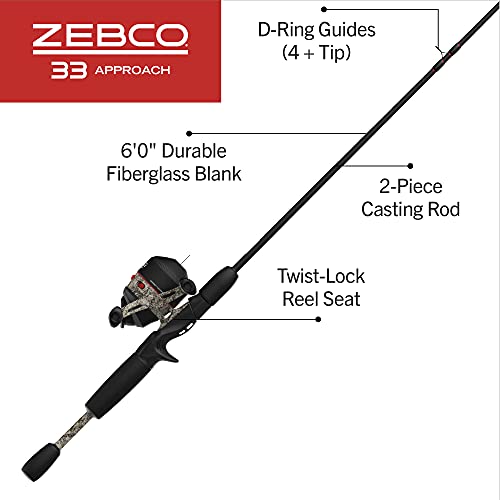 Zebco 33 Approach Spincast Reel and 2-Piece Fishing Rod Combo, Durable Fiberglass Rod with Comfortable Split-Grip EVA Handle, QuickSet Anti-Reverse Fishing Reel with Bite Alert, Camo