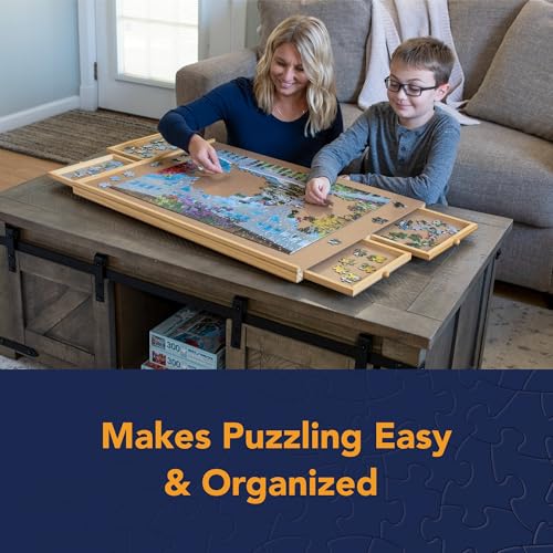 Bits and Pieces Puzzle Board with Drawers &ndash; 1000 Piece Jigsaw Puzzle Table Organizer Premium Wooden Puzzle Board for Adults 22.25