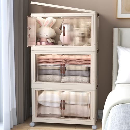 danpinera Storage Bins with Lids - 65QT Stackable Storage Bins with Wheels, Collapsible Closet Organizers and Storage, Folding Plastic Storage Bins with Doors for Home, Office, Dorm 3 Pack